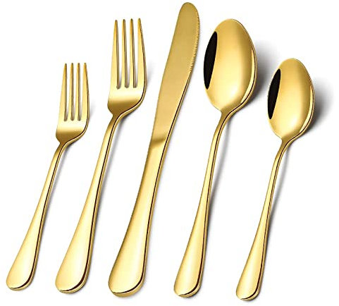 Juego de cubiertos de acero inoxidable de 40 piezas para 8, Pack Cubiertos, Utensilios de comer, Vajilla para el hogar y el restaurante, Pulido con espejo brillante, Apto para lavavajillas (dorado)
