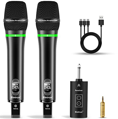 Microfono wireless ricaricabile Bietrun, microfoni wireless dinamici portatili senza fili in metallo con uscita da 1/4'' per karaoke, riunioni, canto