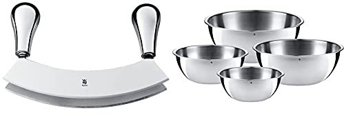 WMF Wiegemesser mit 2 Klingen, 18 cm, groß, 2-schneidig, geschmiedeter Spezialklingenstahl & Gourmet Schüsselset 4-teilig, Edelstahl Schüsseln für die Küche 0,75l - 2,75l, Rührschüssel, Salatschüssel