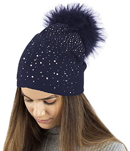 TOSKATOK Ladies Fine Knit Winter Beanie Hat with Diamante Glitter Applique and Large Faux Fur Pompom-2