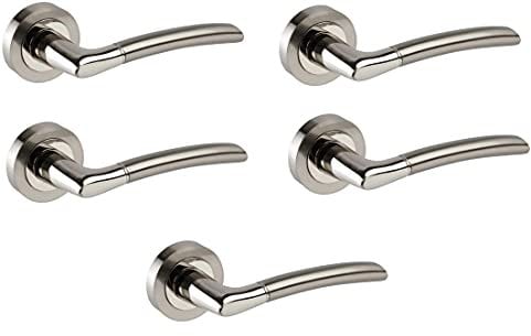 Haven Heritage® Chrome & Satin Duo Lever on Rose Door Handles, Cupboard Doors, Vehicle Doors - Internal Handle Set, 52mm Rose, Privacy Lockable, 5 Pairs