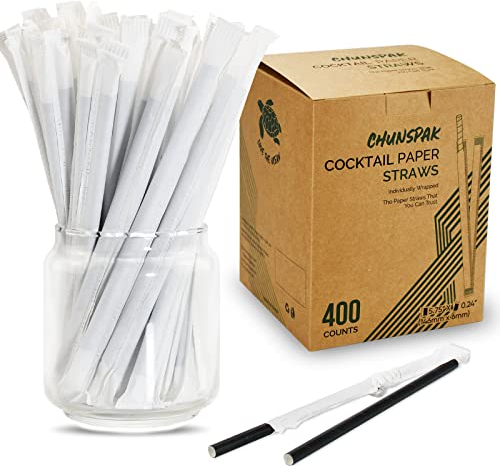[400 Pack] Chunspak 5.75 inch Disposable Black Paper Cocktail Straws, Paper Bar Stirrers - Individually Wrapped