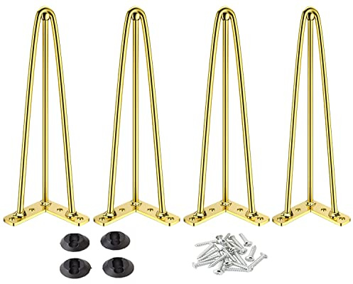 Osring 20 Inch Hairpin Table Legs with 1/2” Dia 3-Rods, Metal Furniture Legs for Coffee Table and TV Stand, Mid-Century Gold Hairpin Feet with Floor Protector, 4 Pack