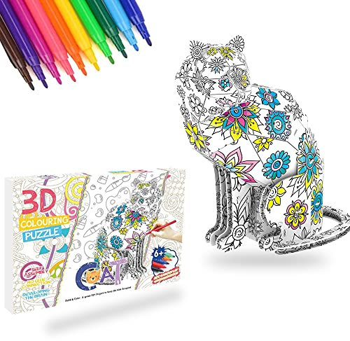 Stickerboy 3D Coloring Puzzle Cat Jigsaw Puzzles Games Painting Craft Birthday Gift Art and Craft Toy Educational 3D Painting Coloring Puzzle Set for Kids Boys Girls 6 and up