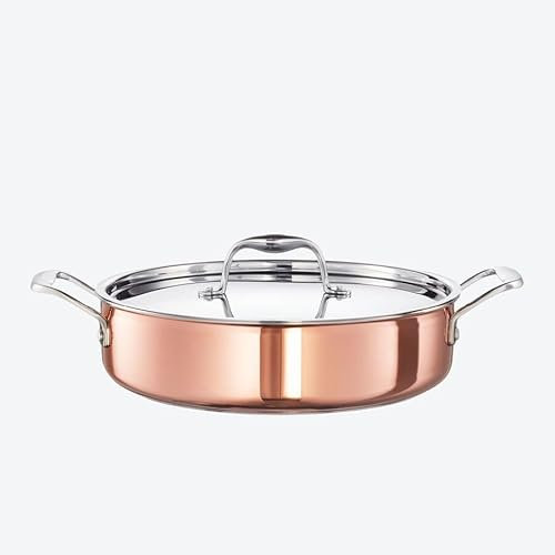 Hagen Grote 5-Lagen Kupfer Braten- und Schmortopf mit Deckel, flach, mit magnetischem Edelstahl-Spezialboden, Ø 28 cm, 7 cm hoch, Inhalt 4 l