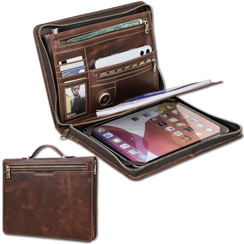 CataPurus Top Grain Leather 11 Strap Portfolio, Solid Retro Design, Handmade, Large Capacity Multi-Functional Business Zip Padfolio, Holder for Cards/iPad/Phone/AirTag/A5 Paper, Red Coffee 11 Inch