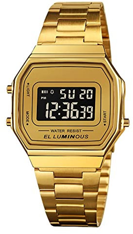 Nicoone Montre numérique avec bracelet en acier inoxydable rétro-éclairé à LED, étanche, élégante montre-bracelet pour homme, or, Minimaliste