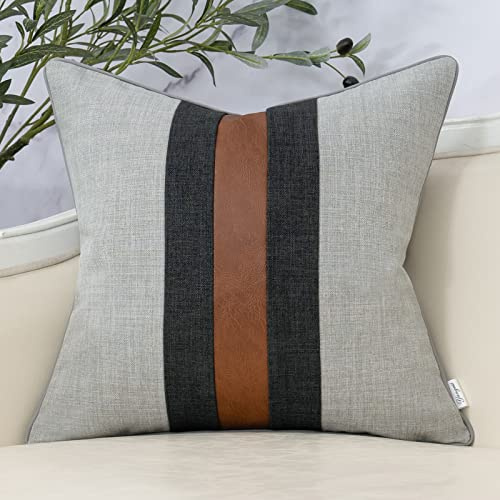 Yangest Grauer Patchwork-Leinen-Kissenbezug, Bauernhaus, Jute-Kissenbezug, Kunstleder, Zierkissen Kissenbezug für Sofa, Couch, Schlafzimmer, Wohnzimmer, Heimdekoration, 45,7 x 45,7 cm