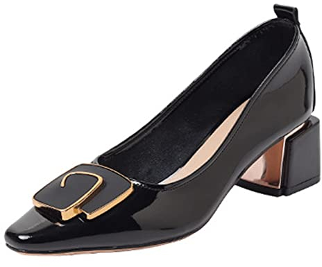 PTKG Damen Pumps Absatz Schuhe Elegant Pumps Mit Blockabsatz Damen Schuhe Klassische Vintage Chunkyrayan Lack High Heels,Schwarz,39EU