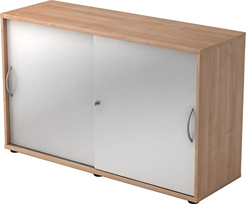bümö Schiebetürenschrank 2OH - Aktenschrank abschließbar, Sideboard Schrank mit Schiebetüren in Nussbaum/Silber, Bogengriff - Büroschrank aus Holz mit Schiebetür, Büro Kommode für Ordner & Co.