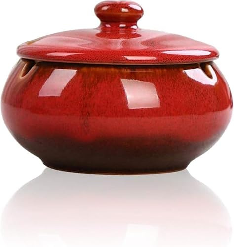 Ceramic Ashtray with Lid – Windproof & Odour-Reducing Ash Tray – Stylish Glazed Design for Indoor & Outdoor Use – Heat-Resistant – 9x11.5cm JR23076 (Red)
