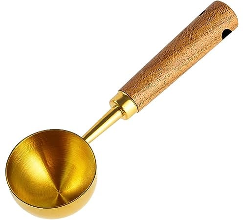 CheBuono Coffee Scoop for Ground Coffee,Coffee Beans and Tea,10g Measuringn Spoon Gold-Retro Stainless Steel Coffee Spoon with Nature Walnut Handle(Free Hemp Rope and Cloth Bag)