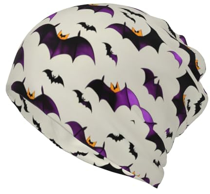 Mqgmz Multifunktions-Beanie-Mütze für Halloween, fliegende lila Fledermäuse, weich, Stretch, Totenkopfkappe, Kopfwickel, modischer Schal, für Herren und Damen