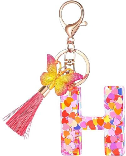 Schlüsselanhänger für Damen Mädchen Schlüsselringe Anfänglicher Schlüsselbänder Schlüsselbundbuchstabe mit Quaste Schmetterling Pailletten für Handtaschen Handytaschen Rucksack Anhänger Charm H