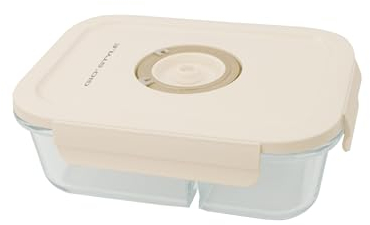 GIO'STYLE Recipiente de 2 compartimentos al vacío para alimentos | Vidrio | 0,6 L | Rectangular | Duración de la comida prolongada | Fecha en la tapa | Línea Perla