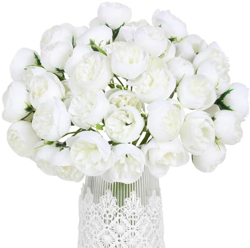 Hobyhoon Künstliche Ranunkel, 2 Blumenstrauß, künstliche Pfingstrosen, 30 cm, Seidenblumen mit Stielen, 54 Kronen, Blumenstrauß, Dekorationen für Tafelaufsätze, Arrangements, Brautparty (weiß)