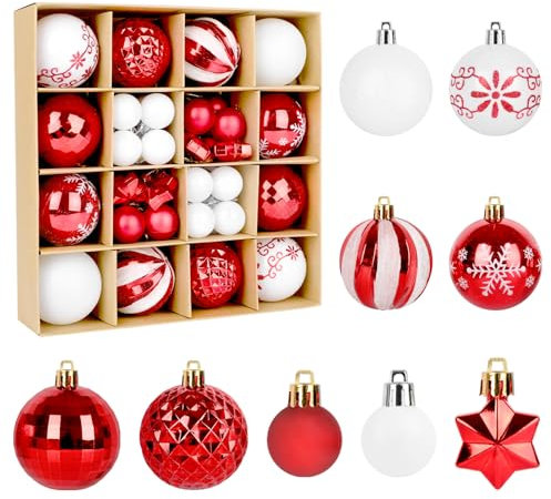 ZALAON Weihnachtskugeln Rot Weiß Kunststoff，44 Stück Weihnachtsbaumkugeln Christmas Balls Weihnachtsbaumkugeln mit Aufhänger, Weihnachtsbaumschmuck Weiß Rot für Weihnachtsdeko