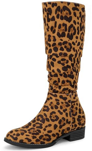 Allegra K Stivali Alti al Ginocchio con Punta Tonda e Tacco Largo da Donna Leopardo 40