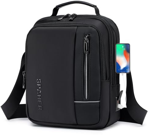 SPAHER Umhängetasche Herren Schultertasche für Herren Groß Handtaschen Zum Umhängen Männer 11 Zoll IPad Herrentasche Crossbody Bag Handgelenktasche Business Tasche Mit USB-Ladeanschluss Schwarz