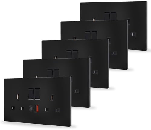 JIMEIDA 5 Pack Black Double Switched Socket 20W Fast Charging 13 Amp with USB-A And Type-C Charging Ports Crystal Wall Outlet Power Socket 146mm*86mm
