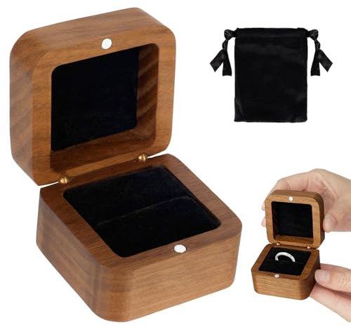 Fumanduo Ringbox Holz, Walnuss Ring Box mit Beutel 5.5x5.5x3.9cm Ringbox Hochzeit Quadratische Ring Box Handgefertigte Ringschachtel für Heiratsantrag Verlobung Hochzeit