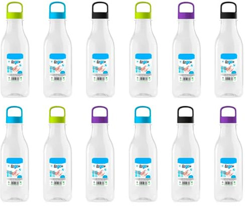 Tradineur - Pack de 12 botellas de plástico con asa, modelo To Go, reutilizables y reciclables, agua, senderismo, camping, fabricadas en España - 500 ml - Color aleatorio