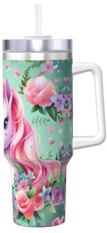 Vaso aislado de acero inoxidable con estampado de unicornio rosa de 40 onzas con asa y pajita, termo de bebidas para viajes, gimnasio, oficina, hogar
