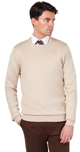 Mens Pure Cotton Cream Round Crew Neck Jumper Classic Fine Knit Lightweight Pullover Sweater [JUMPER-CREW-NECK-542-CREAM-M]