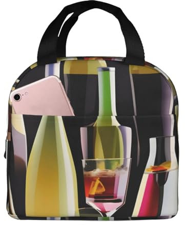 BGSHJVF Large Lunch Bag Cocktail Glasses and Wine Bottles Soft Waterproof Lunch Bag for Adults Men Women