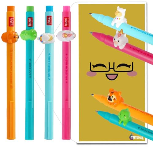 Tinte Ink Legami Lovely Friends Gelschreiber, 4er-Set inkl. Geschenkumschlag, wählen Sie süßes Design (Einhorn-, Dino-, Tiger- und Lama-Set)