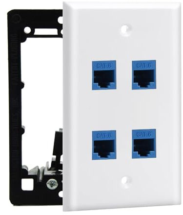 DIYTECH 4 Port Ethernet Wall Plate, Cat 6, Wall Outlet, RJ45 Female to Female Keystone Jacks - White