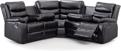 Classic Manual Recliner 5 Seater Leather Corner Sofa - Recliner Sofa with Dropdown Table & Cupholders For Living Room (Black)