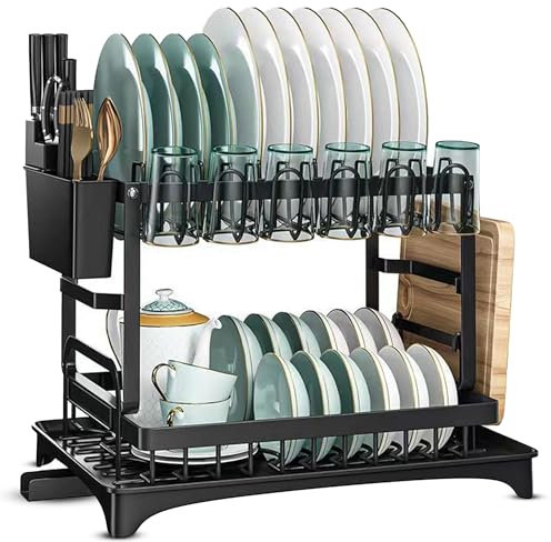 Home Vista 2-Tier Black Dish Drainer Rack with Drip Tray - Large Capacity Draining Board Rack for Small Kitchen Countertops - Sink Drainer Rack for Dish Drying Cutlery, Plates and Cups