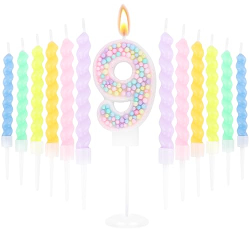 LunarCharm Kerze mit der Zahl 9 und 12 Spiralkerzen für die Dekoration zum 9. Geburtstag von Mädchen, Funkelnde Macaron-Kuchenaufsätze, Partyzubehör