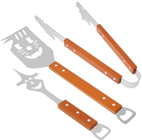 3 Stück Grillbesteck Set Edelstahl Grillwerkzeug Holzgriff mit Grillzange Spatel Gabel und Aufhänge-Ösen Grillzubehör Set für Grillen Camping Küche