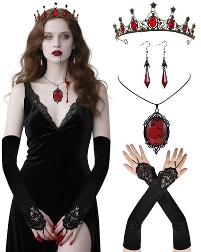 Damen Vampir Kostüm Faschingskostüme für Karneval, Victorianische Vampir- und Zombie-Cosplay, Hochzeit- und Halloween-Set mit Krone Roter Anhänger Halsband Ohrringen Schwarze Daumellose Handschuhe