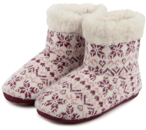 totes toasties® Ladies Fair Isle Knit Boot Slippers With Faux Fur Cuff