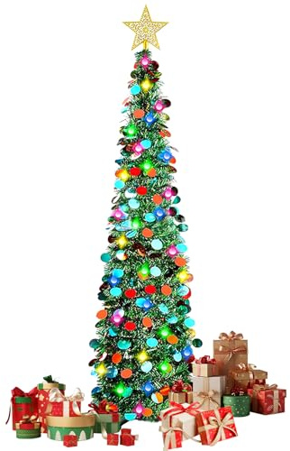 Árbol de Navidad Desplegable, FainFun 150CM Árbol Navidad Plegable, Telescópico con Mando, Decoraciones Navideñas para la Casa, la Oficina, el Apartamento