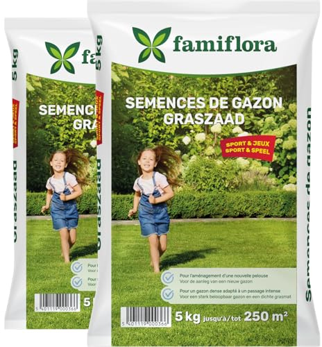 Famiflora Grassamen spielen und Sport 2 x 5 kg (bis 500 m2) - Erzeugt einen starken und begehbaren Rasen, damit Kinder sicher spielen können - Dichter Rasen reduziert Unkraut, sodass die Wartung