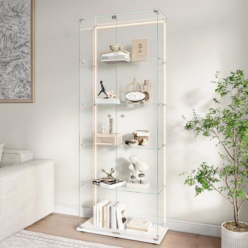 MIOOSUT Glasvitrine mit LED-Licht, Glasvitrine Standvitrine, Moderner Glas Vitrine, 78.5 * 34.5 * 186.5cm, Modern Vitrine mit 5 Regalen, 2 Türen, für Wohnzimmer Büro Sammlerstücke Bücher Wein, Weiß