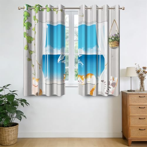 Ttincceer 135x160cm Cartoon-Katzen-Verdunkelungsvorhänge für Kinderzimmer, Retro-Holzfenster, Ozean-Motiv, 2er-Set, wärmeisolierend, Bedruckt, mit Ösen