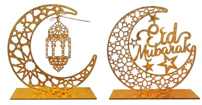 2Stück Mond Ramadan Tischdeko,Ramadan Holz Mond Dekoration Eid Mubarak Deko | Ramazan Diy Dekorationen Set Muslim Bayram Ornamente Bajram Moon Tisch Decoration Table Moon Ornament (Eid A)