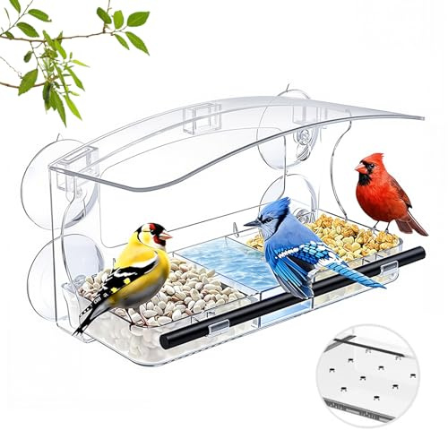 innislink Vogelfutterspender Fenster, Transparenter Vogelhaus Fensterscheibe - 25x13x14 cm, Fenster Futterhaus mit Saugnäpfen und Sitzstange, 3 Fächer Vogelhaus Abnehmbar Futterspender