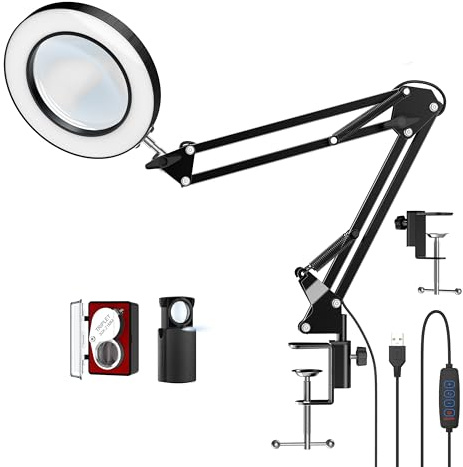 Lampada da scrivania con lente d'ingrandimento a LED 10X con morsetto, lente d'ingrandimento a mani libere con 72 LED, 3 modalità di colore, dimmerabile continuamente, include due lenti di