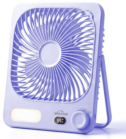 WHATOOK Ventilatore da Tavolo Ricaricabile 10000mAh con Luce Notturna, USB C Silenzioso 30dB, 100 Velocità, 40h, Display Auto-Off, Griglia Lavabile, Gancio Campeggio Camera