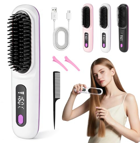 RUIZHI Haarbürste Elektrisch, Glättbürste Kabellos, Stylingbürste für Kurze Haare, Elektrische Haarglätter Bürste, Glättungsbürste, Hot Comb für Reisen, mit LED Anzeige und 3 Temperatureinstellung