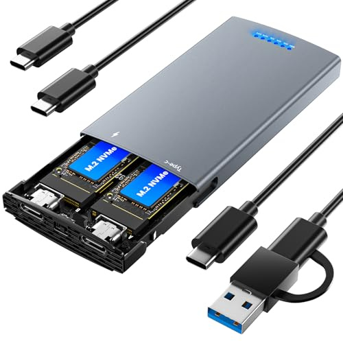 Dual Bay M.2 Nvme SSD Enclosure, 20Gbps External Hard Drive Duplicator | Nvme Enclosure with RAID 0/1, JBOD & Clone Function, USB 3.2 Gen2x2 Type-C Dual Bay Enclosure for M.2 NVMe PCIe SSD