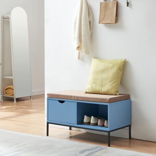 [en.casa] Sitzbank Colwyn Schuhregal schmal Schuhbank mit Sitzfläche gepolstert mit Schublade Flur Schuhsitzbank mit Stauraum 80 x 40 x 45 cm Flurbank Blau