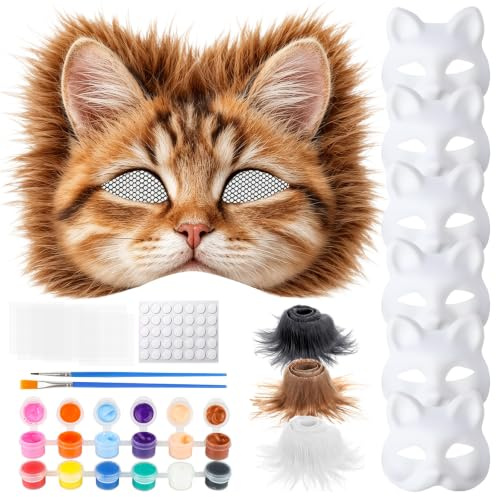 Zhumang-Eur 6 Stück Therian Mask DIY Set, Katzenmaske mit Augen Mesh und Pelz Bart, Leere Halbe Gesichts Katzenmasken zum Basteln für Halloween Maskerade, Maskenball,DIY,Cosplay