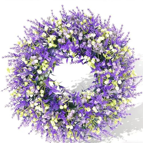 JANAGIN 35 cm Frühlingskranz für die Haustür, Künstliche Blumen Kranz Sommerkranz, Lavendel Frühlings Türkranz für Haustür Fensterdekoration Haustür